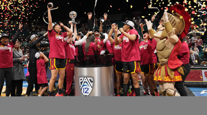 USC players celebrate after the Pac-12 tournament women’s championship game against Stanford.